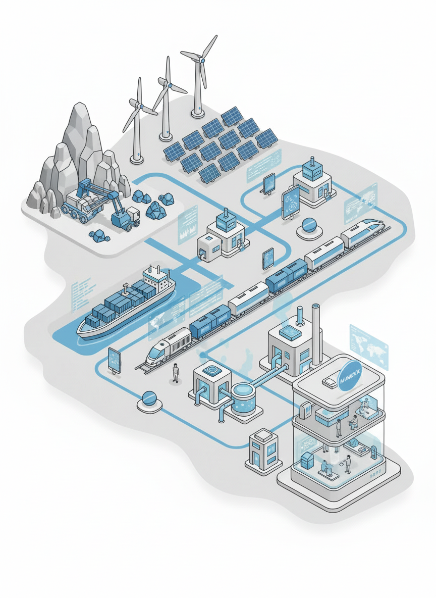 Illustration of responsible critical mineral supply chains connecting mines, infrastructure and global markets